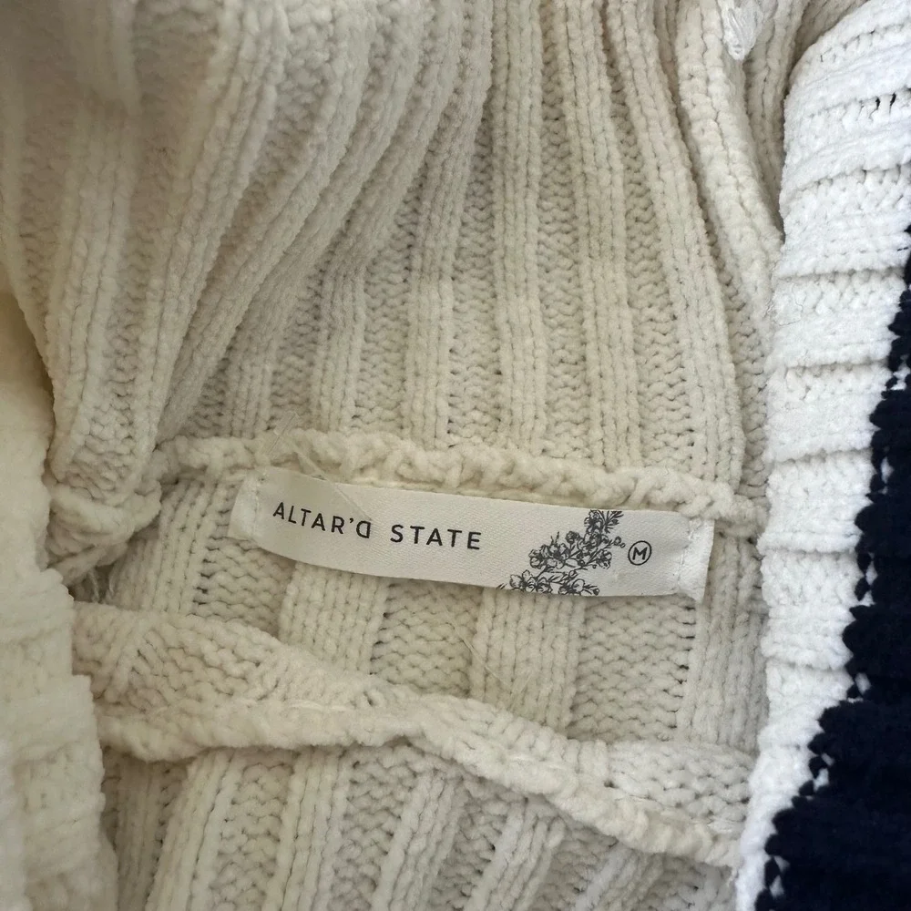 Coquette Chunky Ribbed Turtleneck Sweater Bell Sleeves Blue White Striped